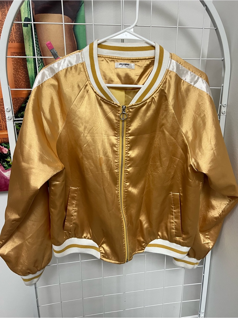 zeagoo Metallic Gold Satin Bomber Jacket with White Trim